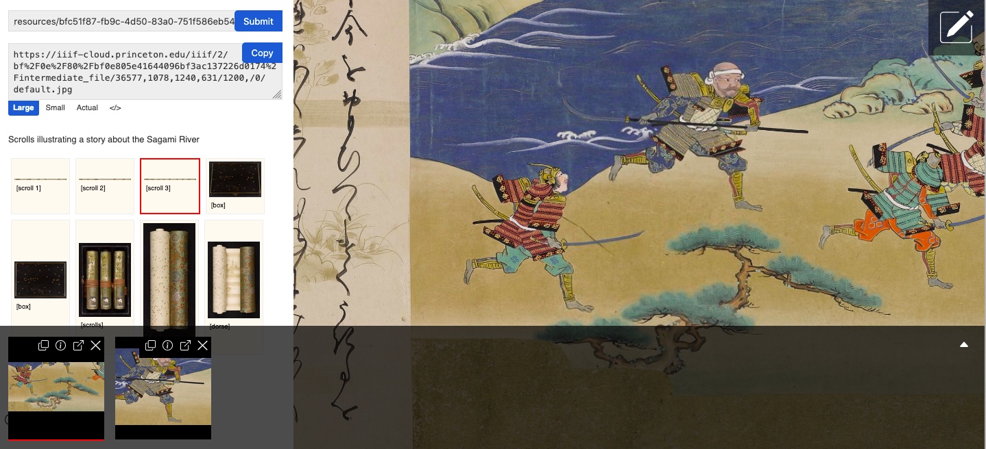 Exemple d’utilisation de IIIF Cropping Tool à partir du manifeste IIIF du manuscript japonais Sagami River (Princeton University Library)