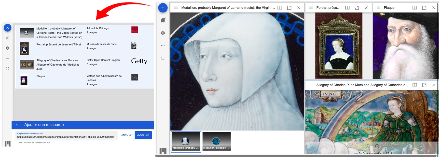 Mirador permet de charger de nouveaux documents via leurs manifestes IIIF et d’agencer leurs fenêtres de visualisation. Par exemple, ici diverses œuvres de ou attribuées à Léonard Limosin, peintre, émailleur, dessinateur et graveur français, né et ayant vécu à Limoges au XVIᵉ siècle.