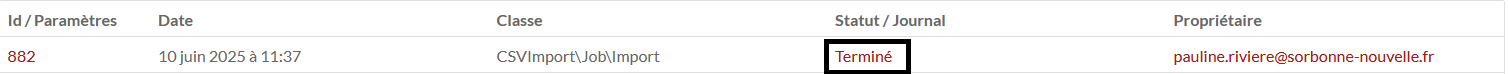 Exemple de tâche lancée sous CSVImport terminée