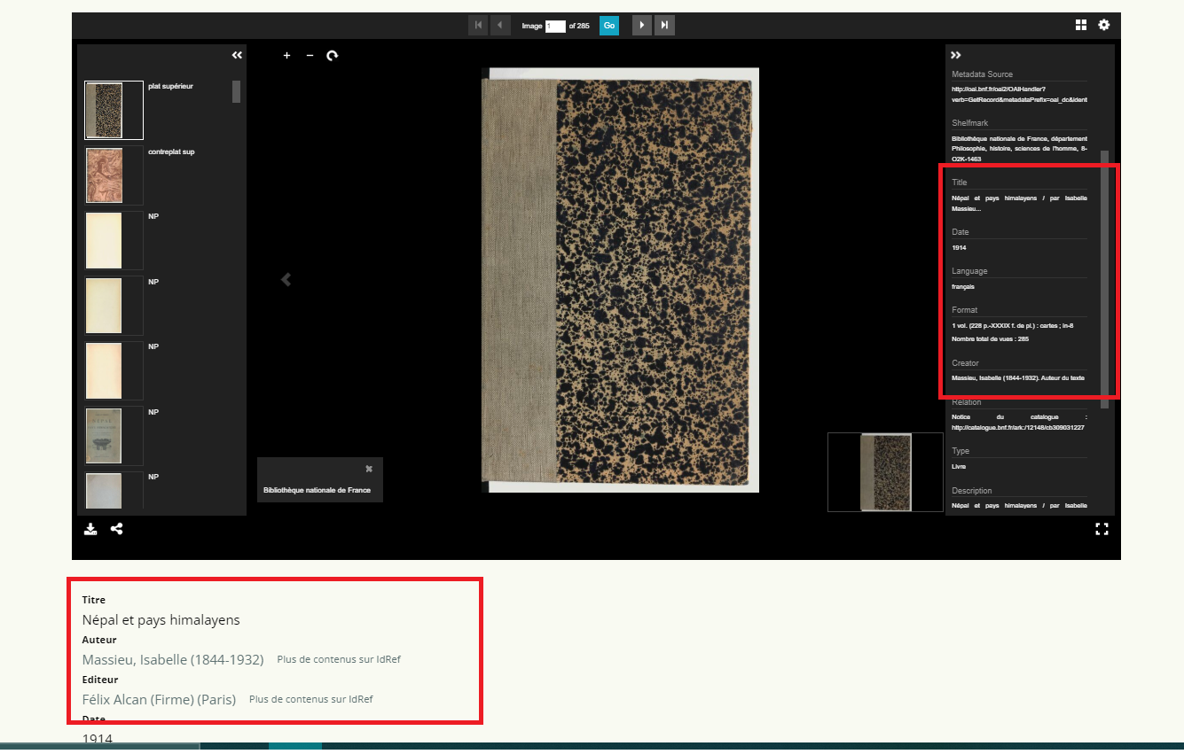 Troisième exemple de visionneuse avec une source extérieure et les métadonnées en Dublin Core en dessous montrant les différences entre les informations produites