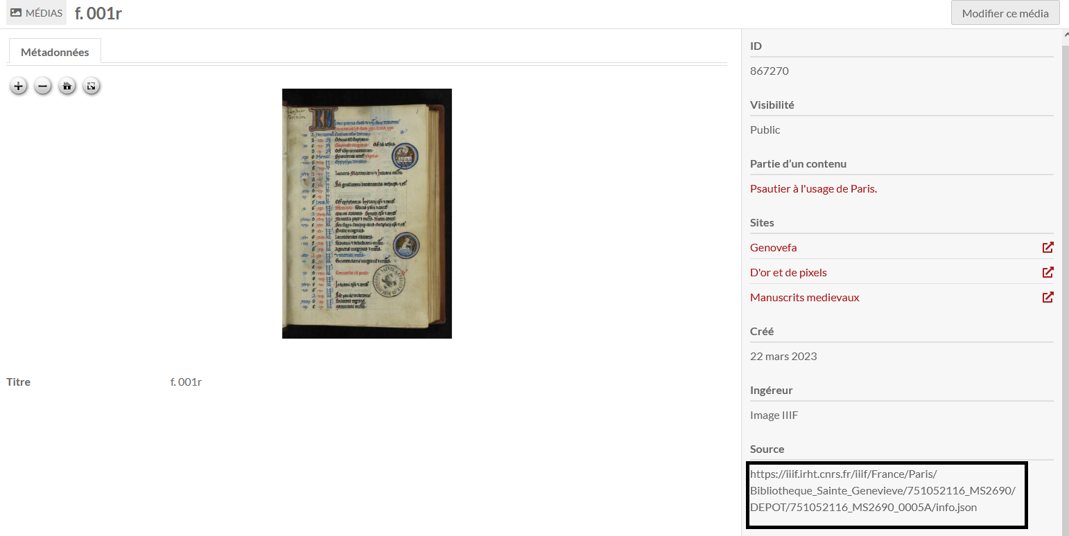 Exemple de source de média côté administration avec des images IIIF intégrées